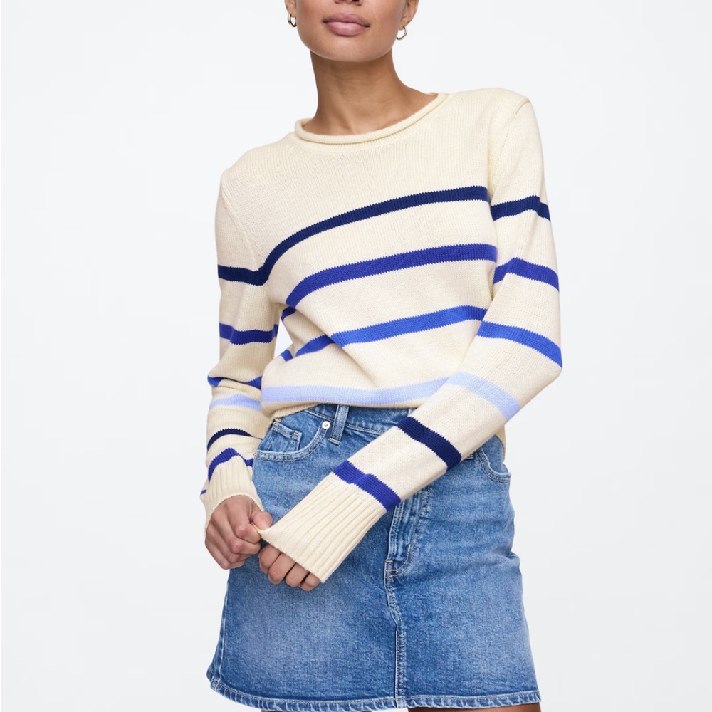 GAP Roll Neck Striped Sweater in Cream and Blue